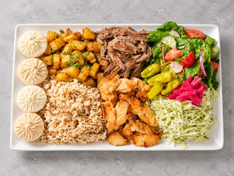 Chicken and beef shawarma with rice, salad, potatoes and dips