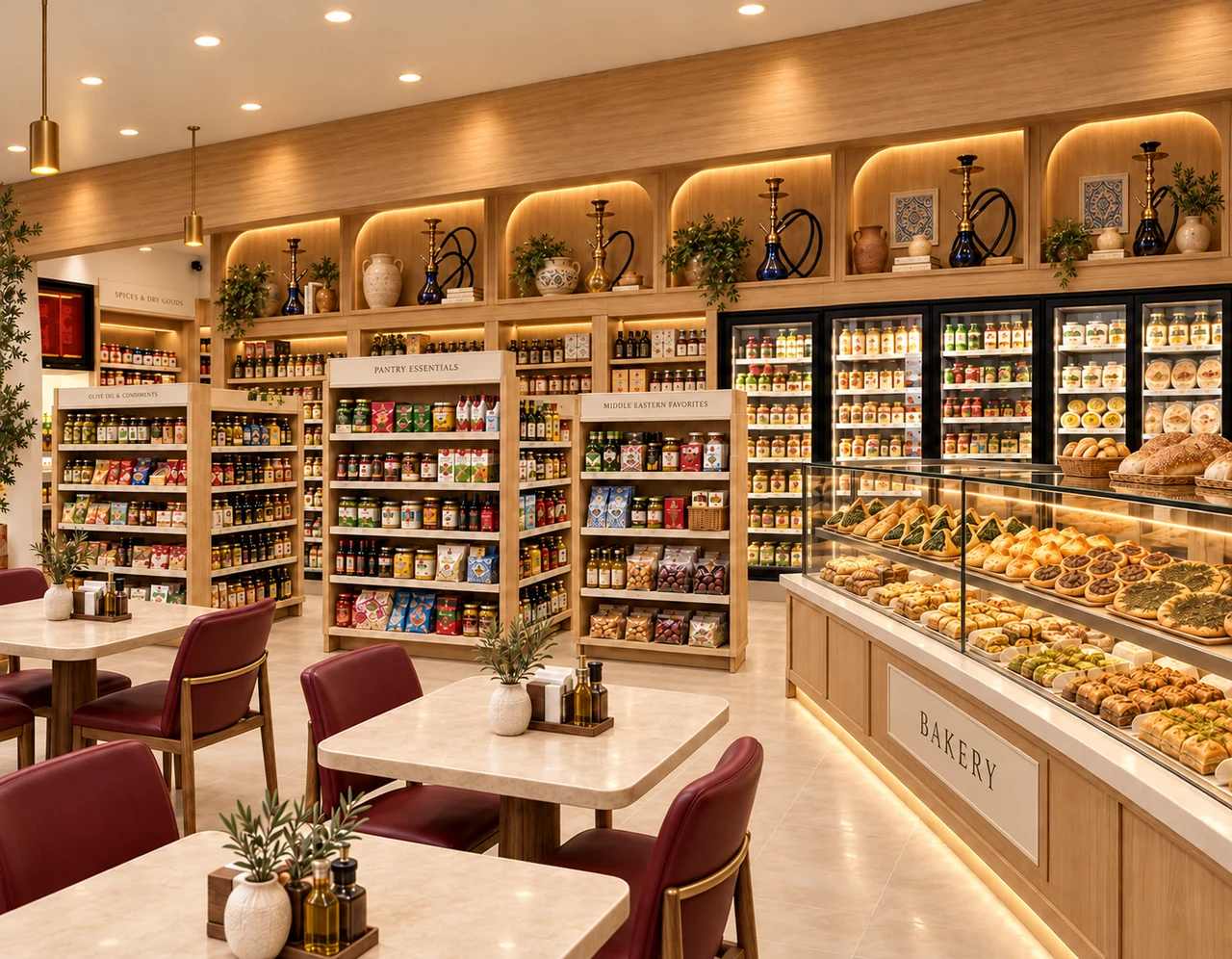 Illustrated market interior with grocery shelves, a bakery counter and seating