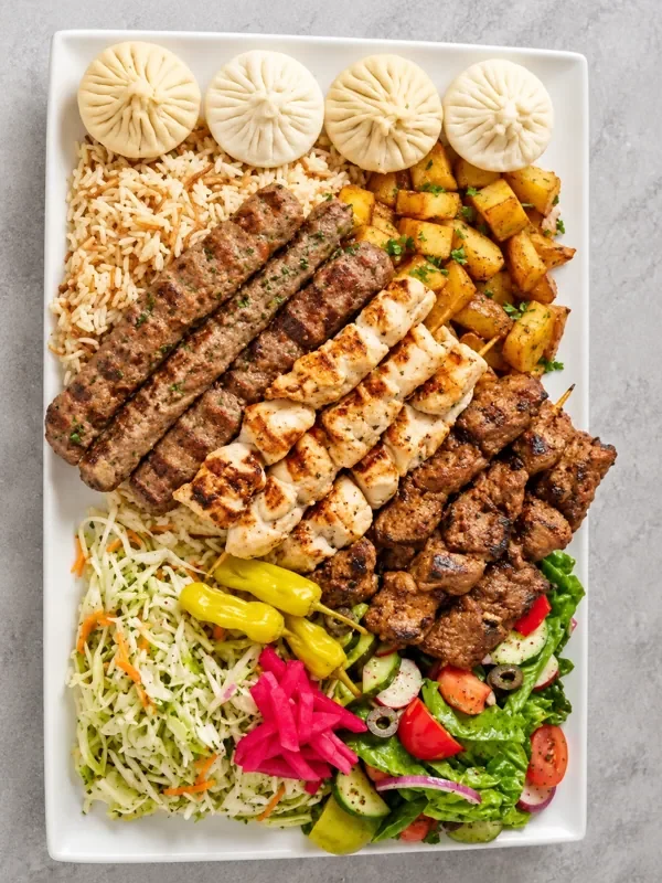 Mixed grilled skewer platter with vegetables and sides
