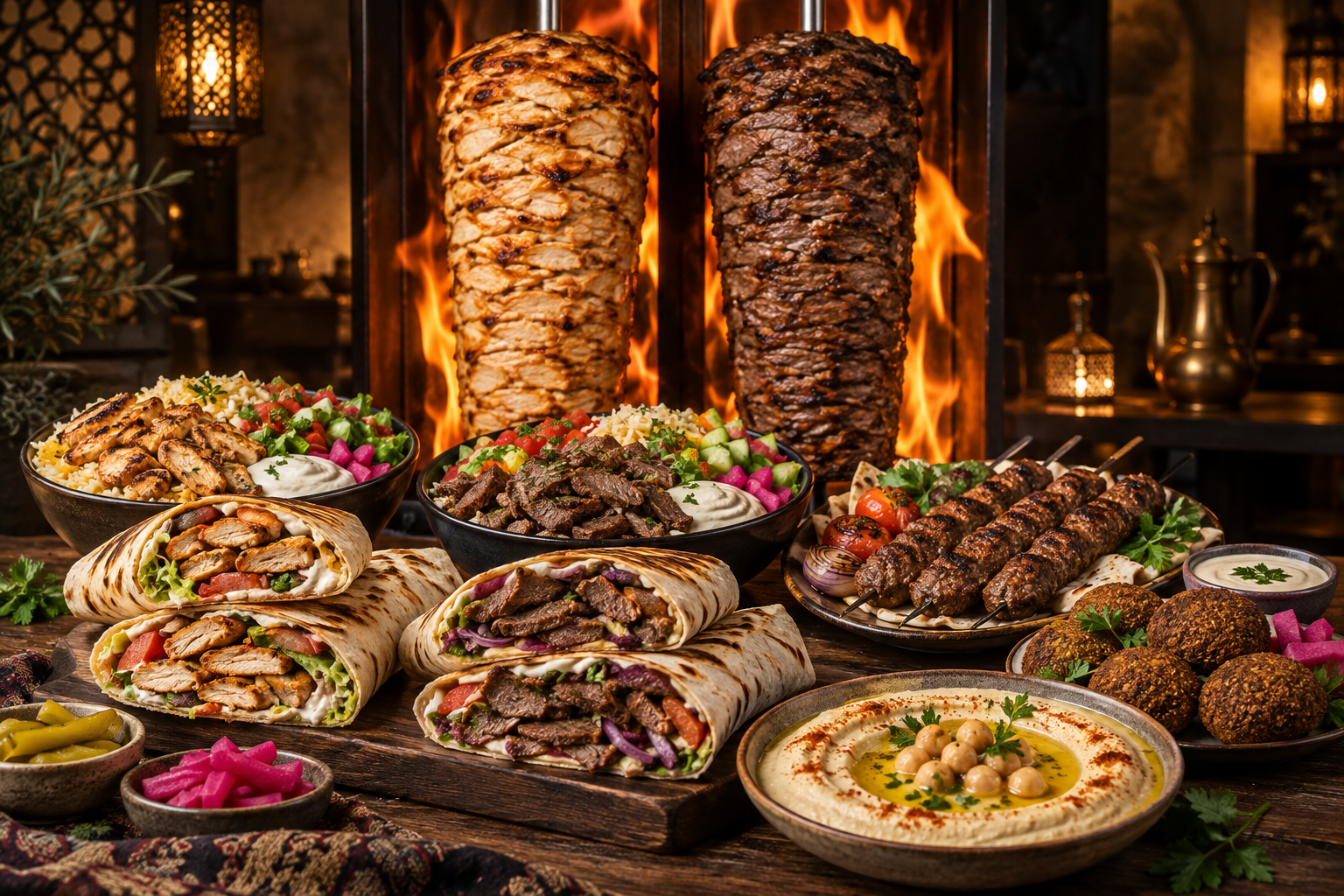 Beef shawarma platter with vegetables, fries and pita