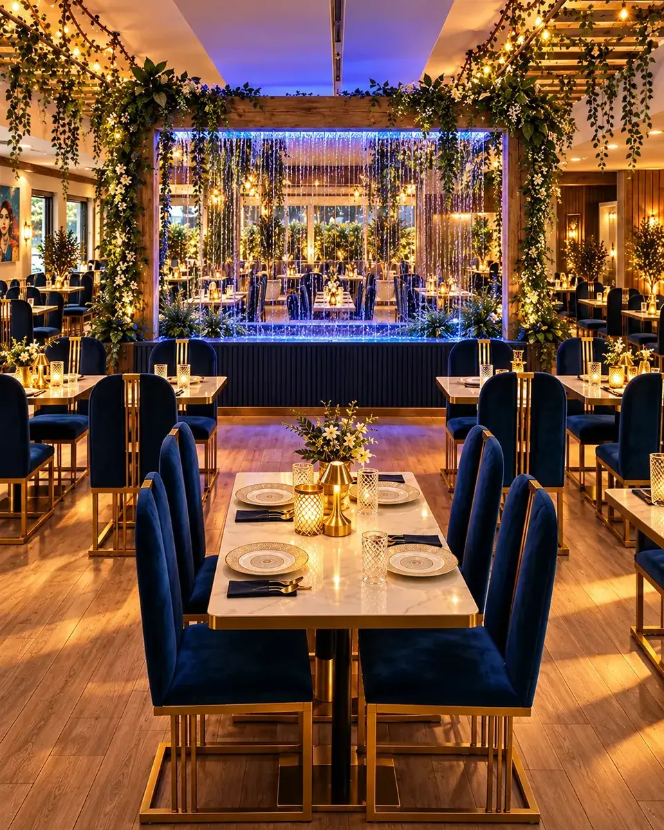 Dining room with blue chairs, greenery and a central fountain