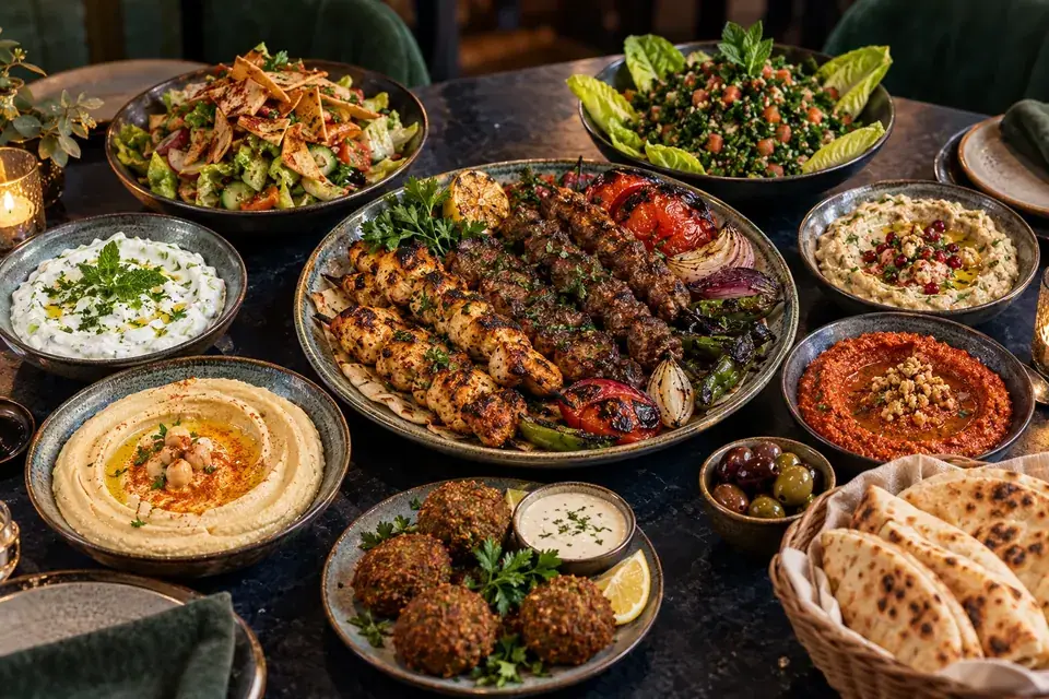 Grilled skewers, hummus, mezze, salads and bread on a dining table