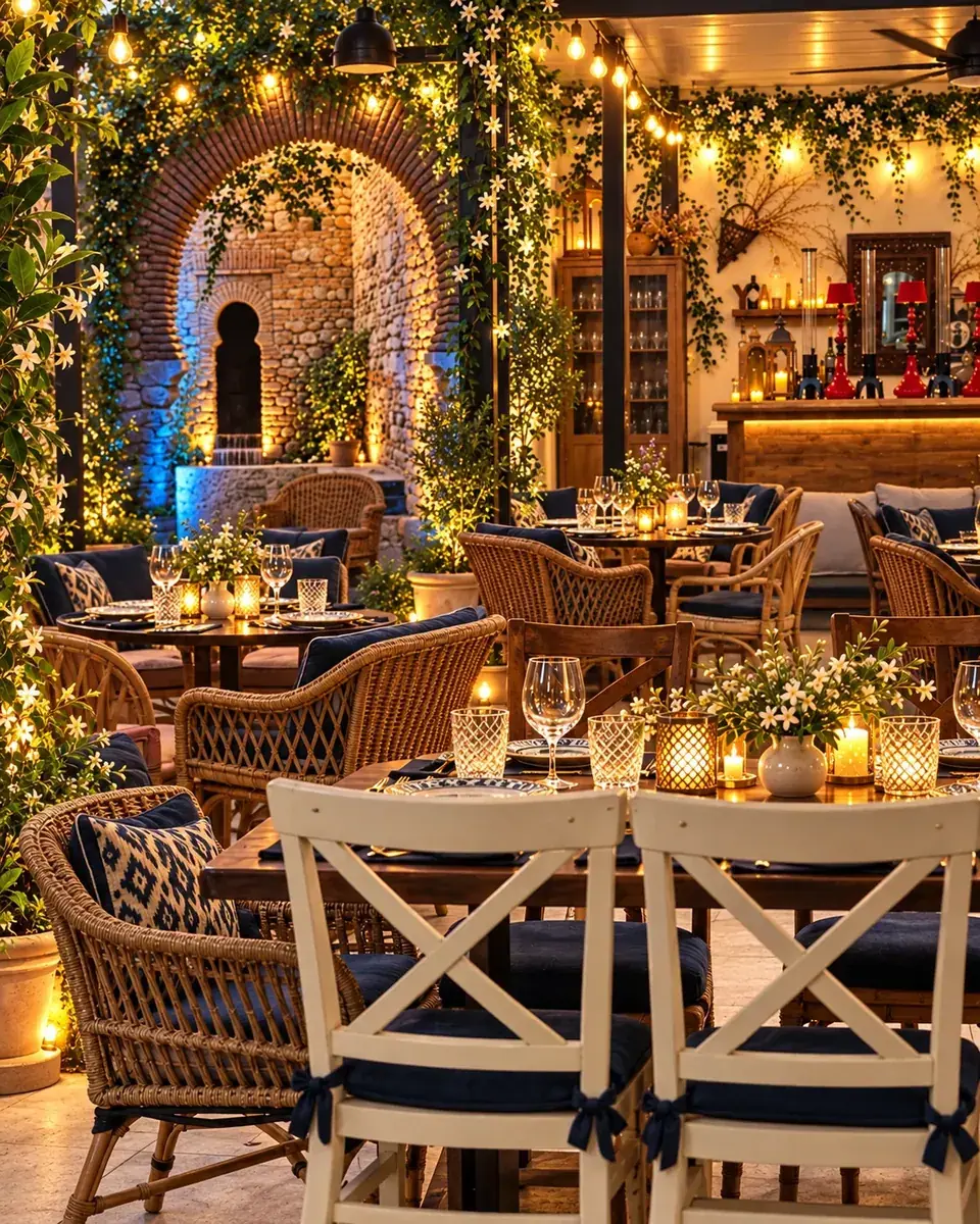 Covered garden dining area with greenery and warm lighting