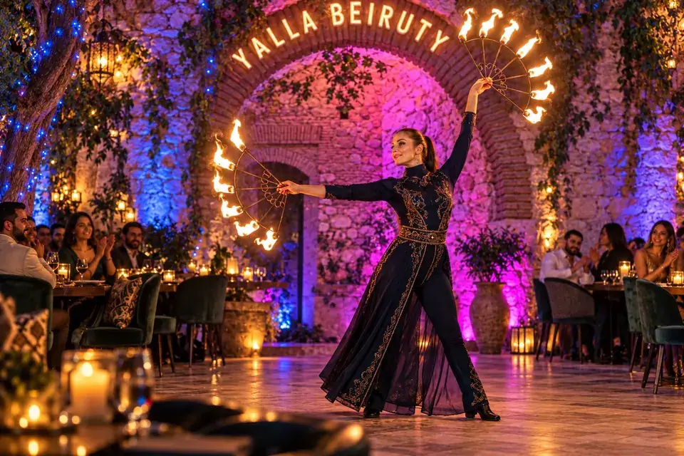 Live performer on a purple-lit stage at Beiruty