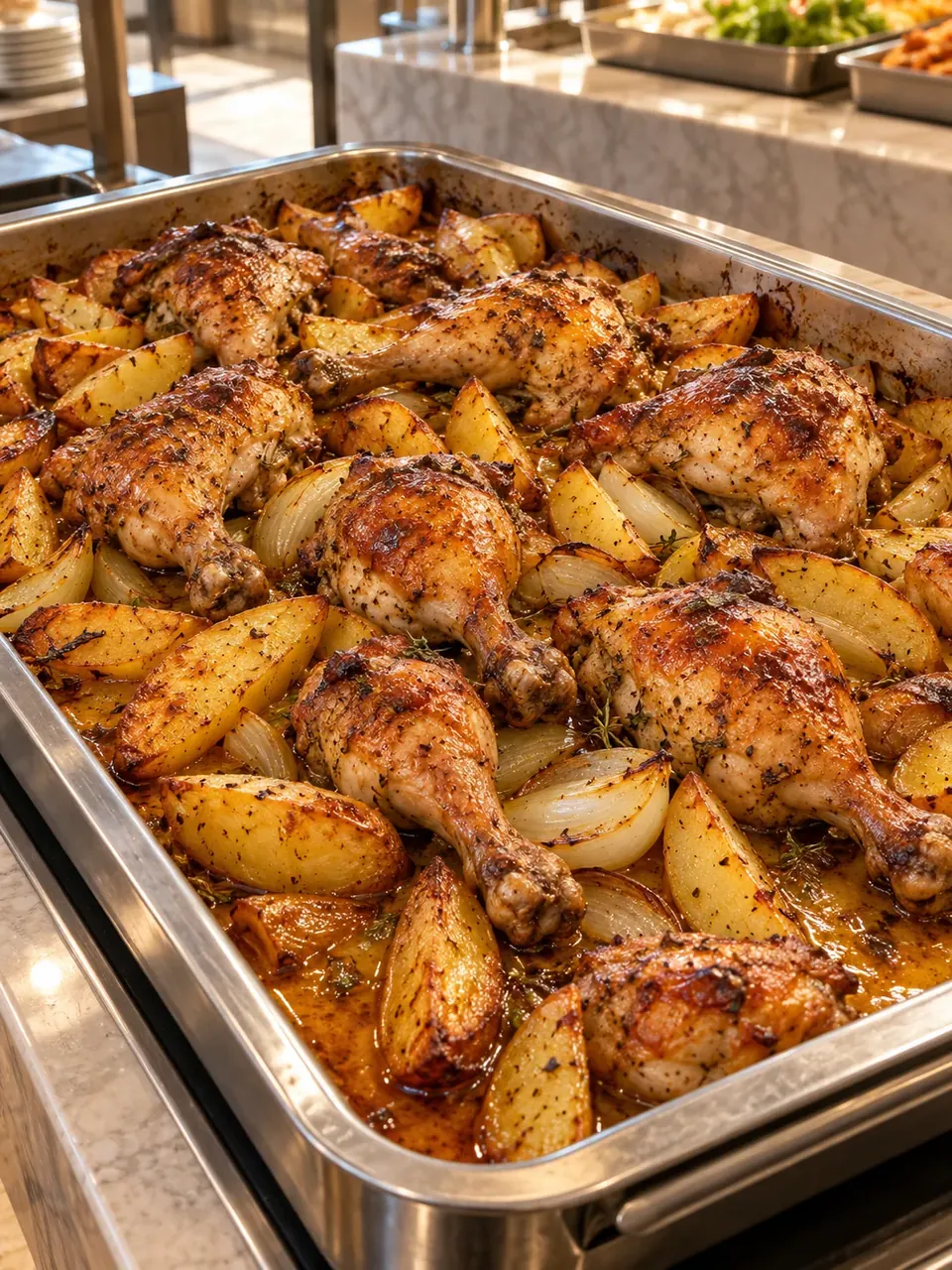 Illustrative roasted chicken legs with potatoes