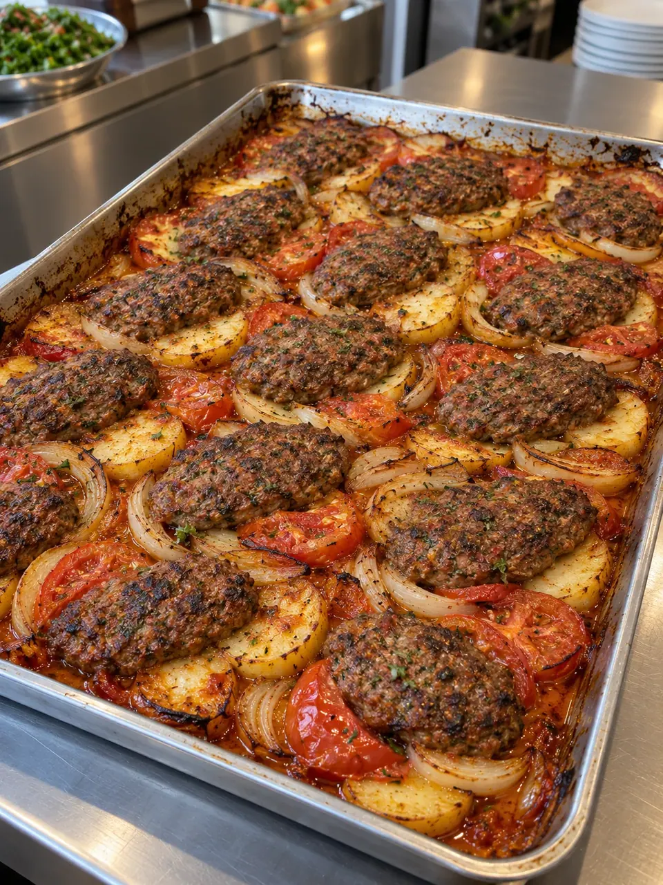 Illustrative kafta tray with potatoes and tomatoes