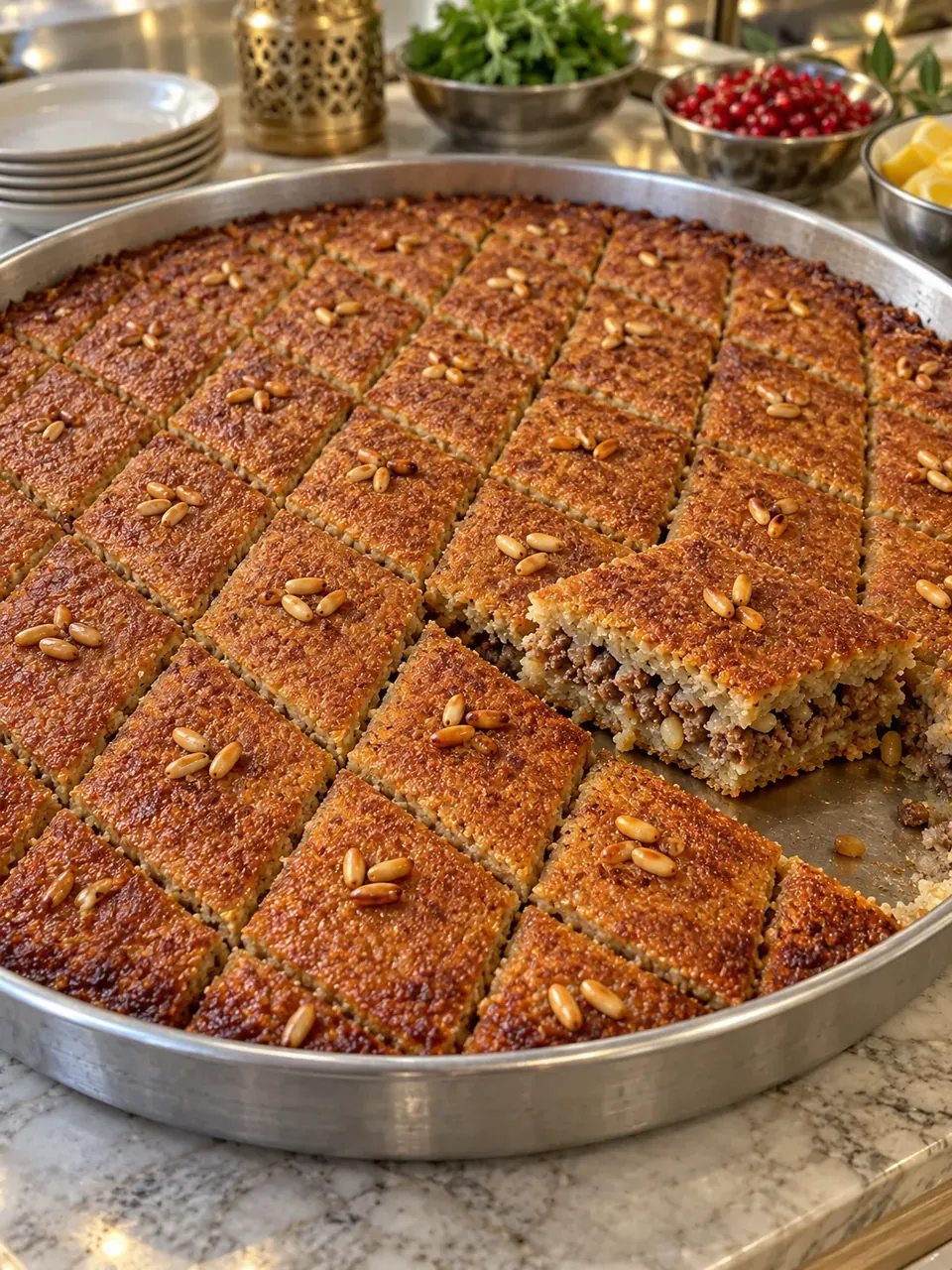 Illustrative baked kibbeh tray cut into diamonds with meat filling