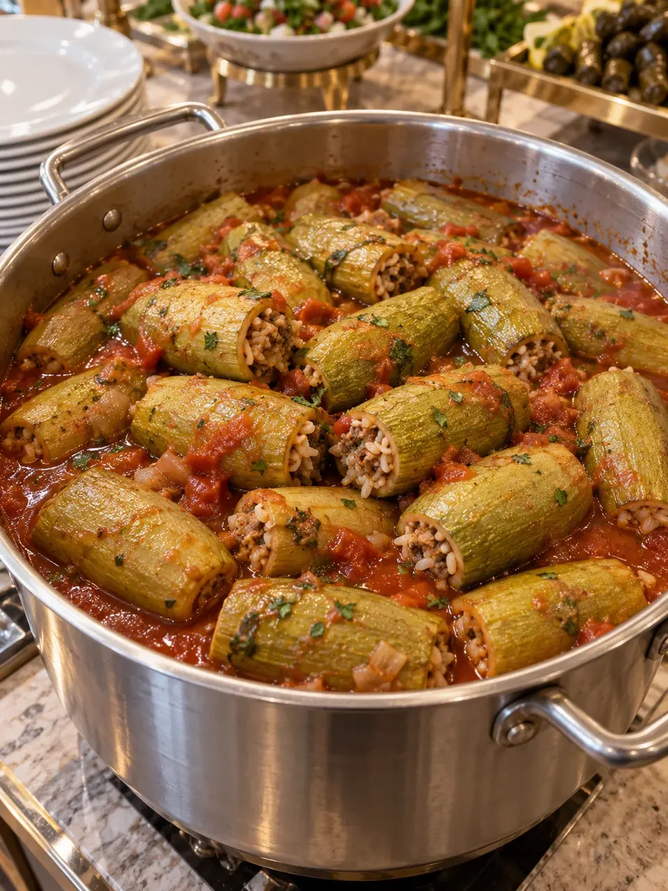 Illustrative pot of stuffed zucchini in tomato broth