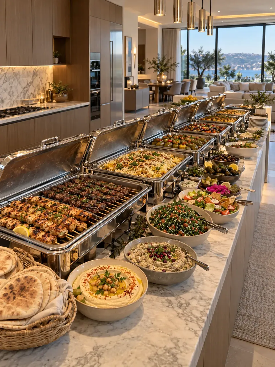 Illustrated catering buffet with a variety of dishes on a kitchen island