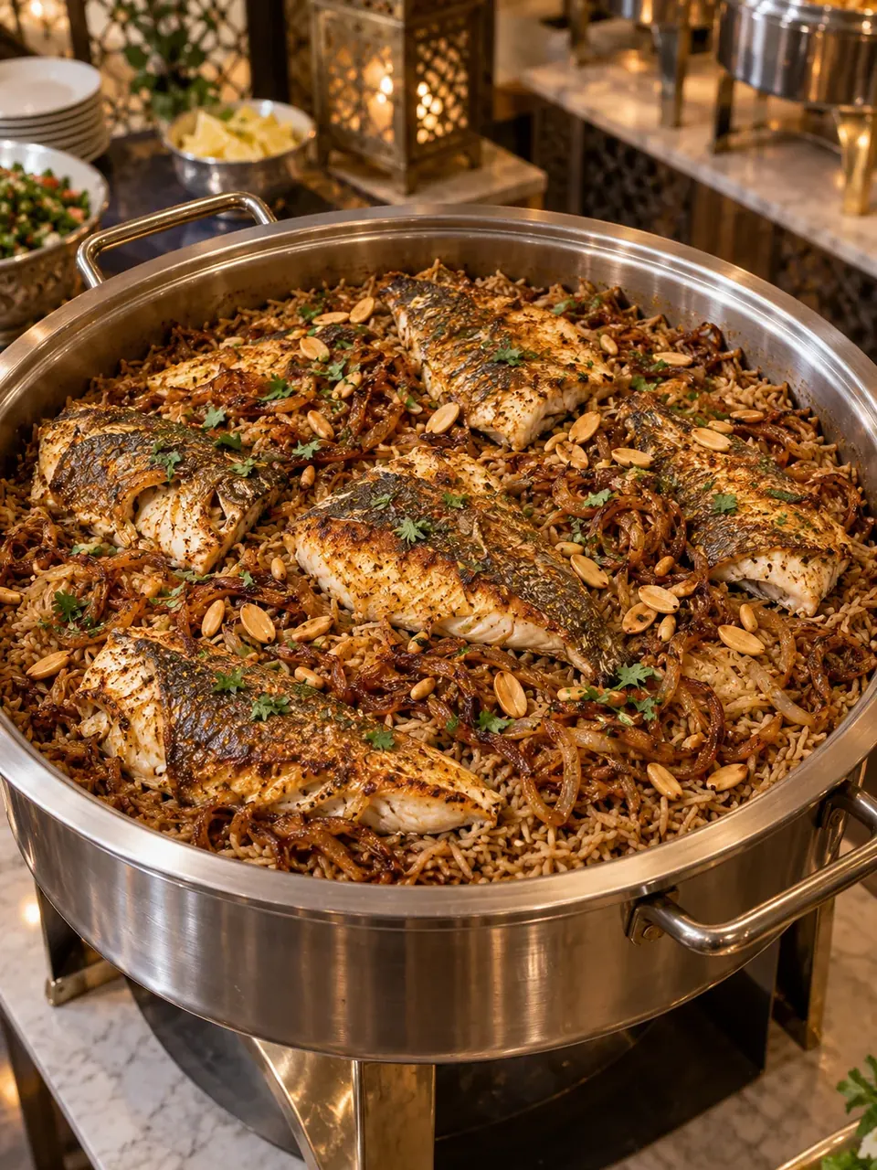 Illustrative catering pot of fish over rice and caramelized onions