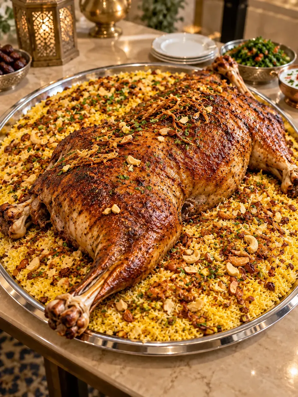 Illustrative dark roasted whole lamb over yellow rice with crushed toasted nuts
