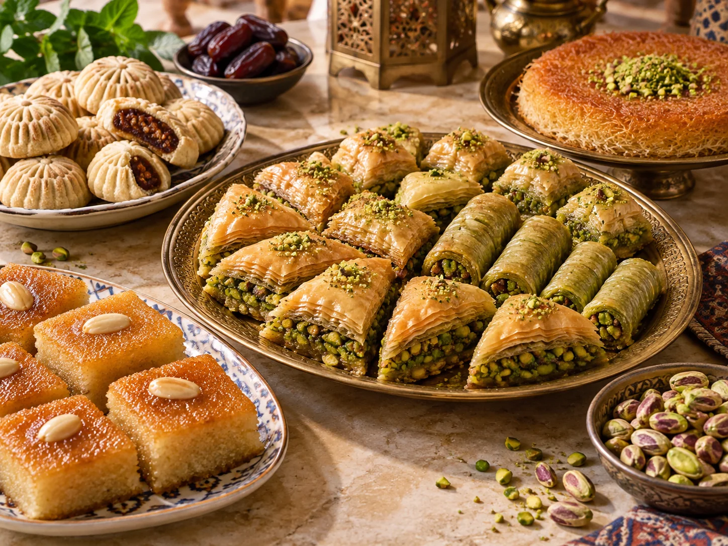 An assortment of baklava, maamoul, namoura and kunefe on serving platters