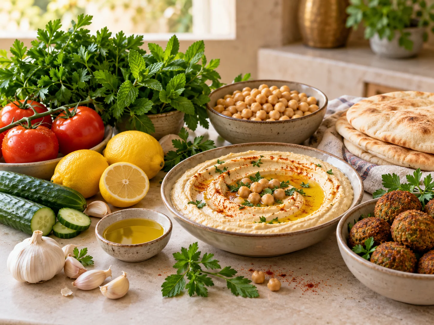 Hummus, vegetables, herbs, chickpeas and flatbread on a kitchen counter