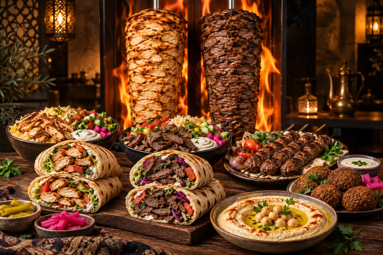 Chicken and beef shawarma wraps, bowls and mezze arranged in front of shawarma spits