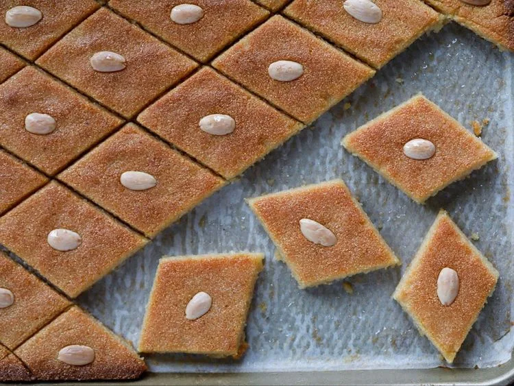 Namoura semolina cake cut into squares