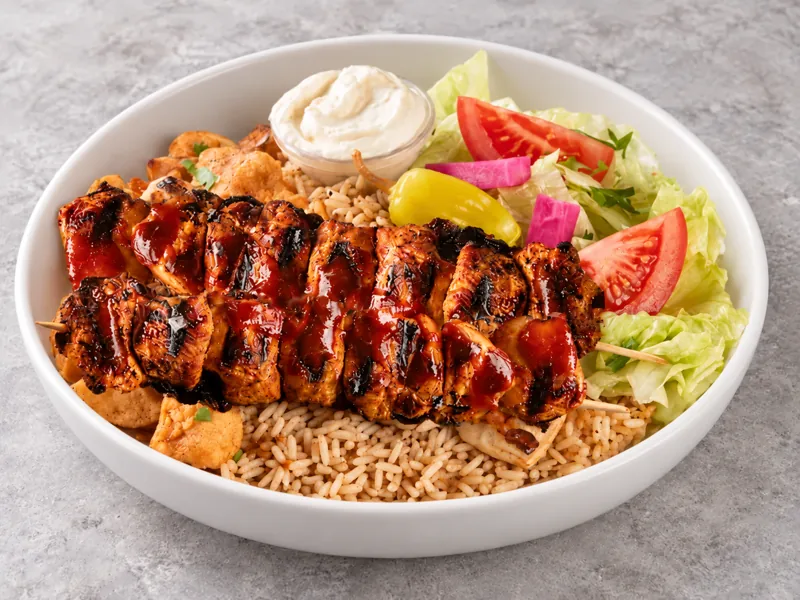 Lamb skewer bowl with rice, vegetables and dips