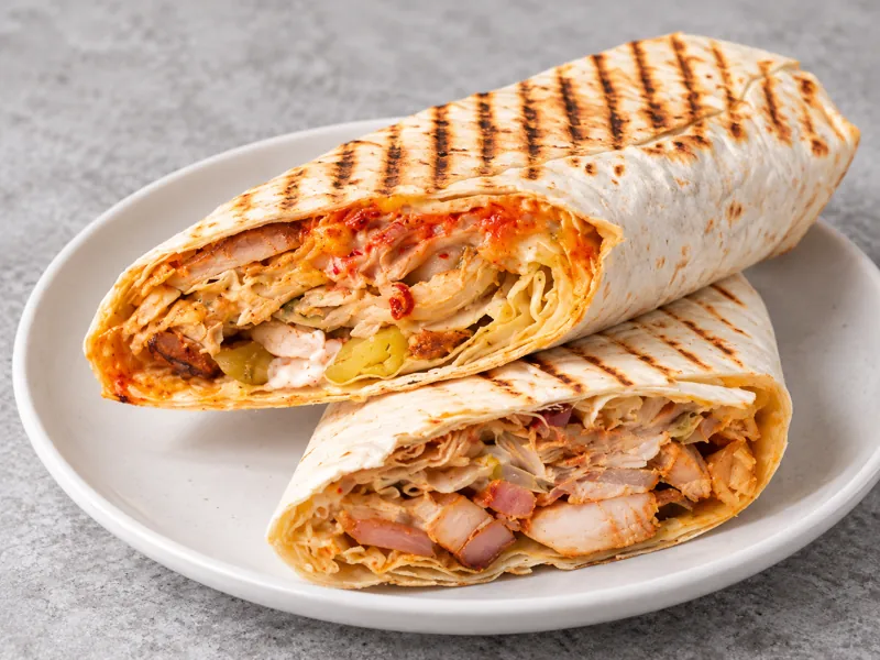 Grilled chicken wraps cut in half