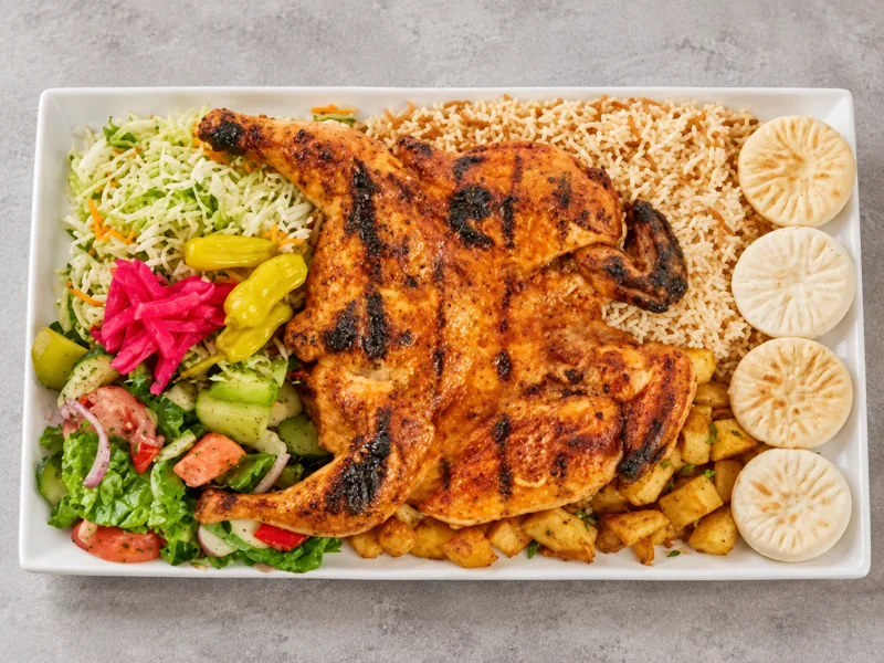 Grilled whole Chicken family platter with Middle Eastern accompaniments