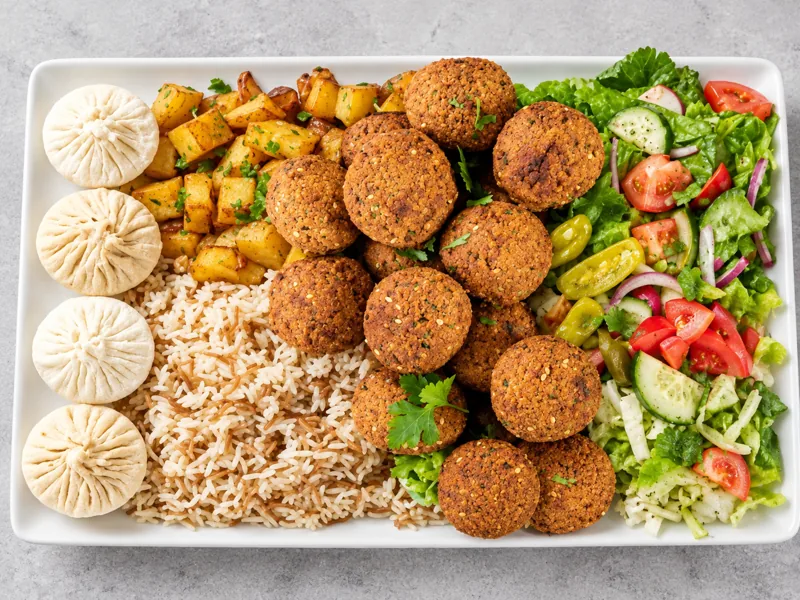 Falafel family platter with Middle Eastern accompaniments