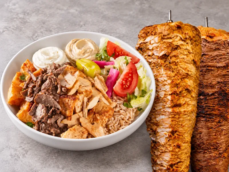 Mixed shawarma bowl with rice, vegetables and dips