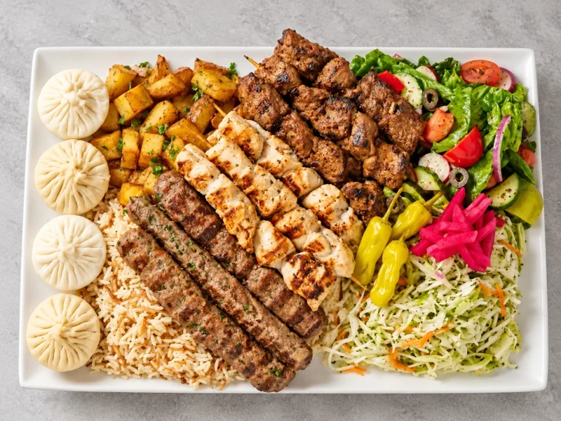 Mix skewer family platter with Middle Eastern accompaniments