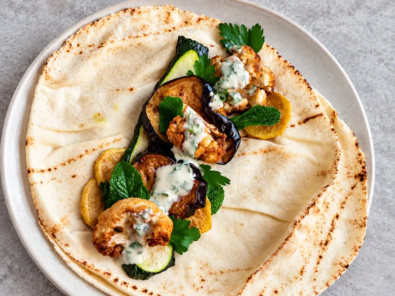 Grilled vegetable flatbread with tahini
