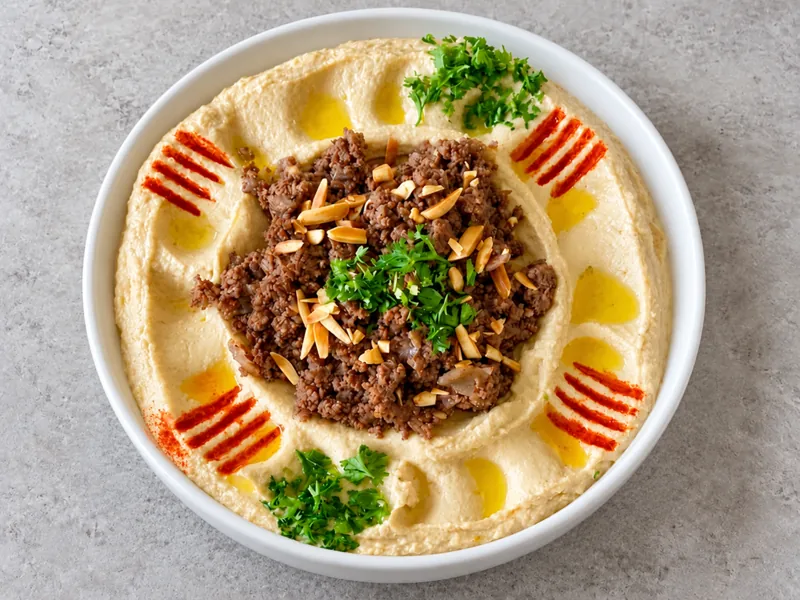 Hummus topped with beef shawarma