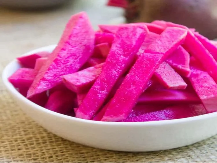 Bright pink pickled turnip sticks