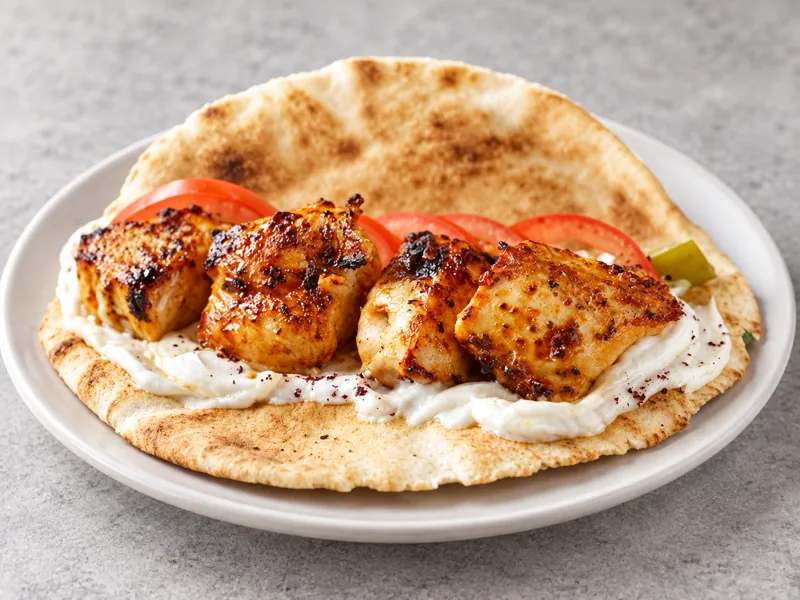 Chicken skewers on flatbread with vegetables