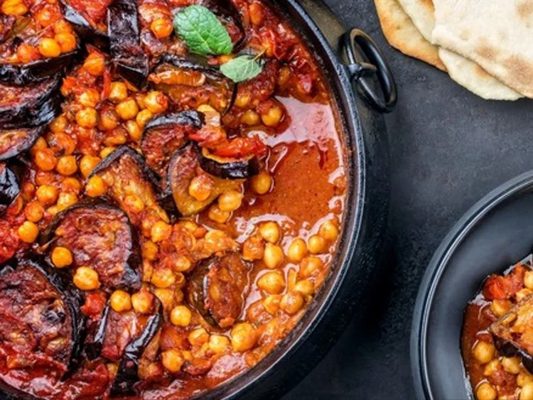 Eggplant and chickpea stew in tomato sauce