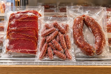 Illustrative frozen basterma, small makanek sausages and soujouk in sealed packs