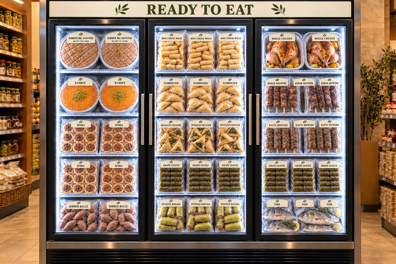 Illustrated freezer display of packaged ready-to-eat meals