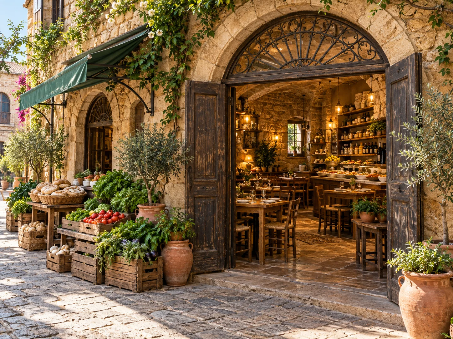Illustrated stone market storefront with plants and a wooden entrance