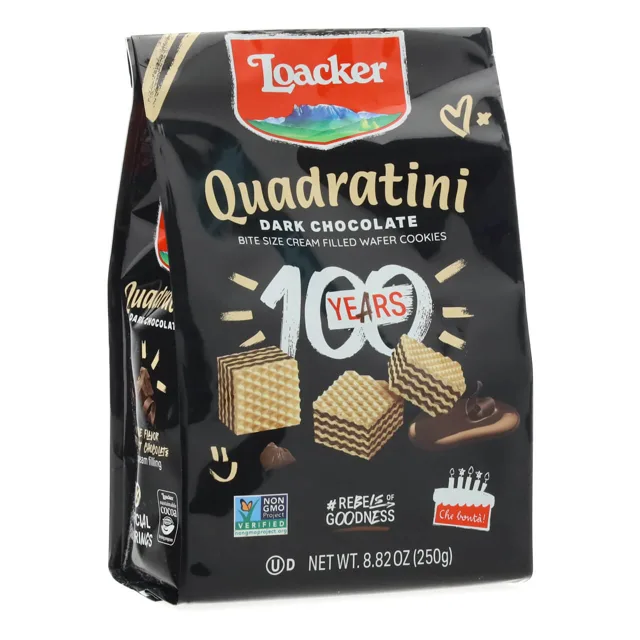 Loacker Quadratini Dark Chocolate, Creme-Filled Wafer Cookies, 8.82 oz. Bag packaging