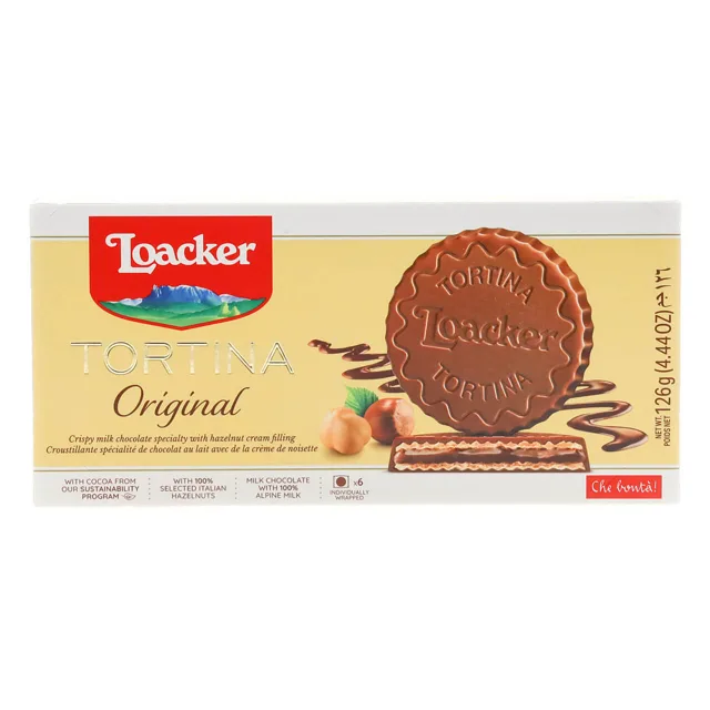 Loacker Tortina Original, Chocolate Coated Wafer Specialty, 4.44 oz. Box packaging
