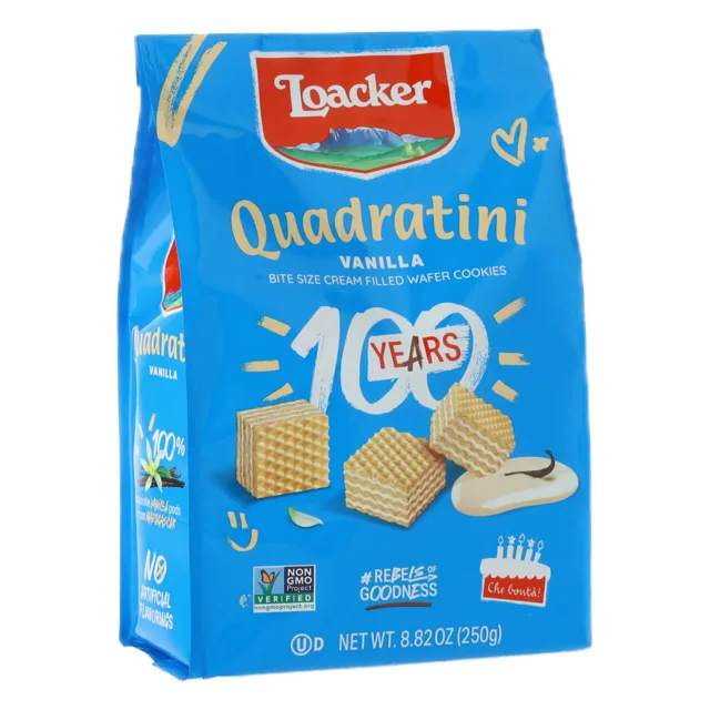 Loacker Quadratini Vanilla, Creme-Filled Wafer Cookies, 8.82 oz. Bag packaging