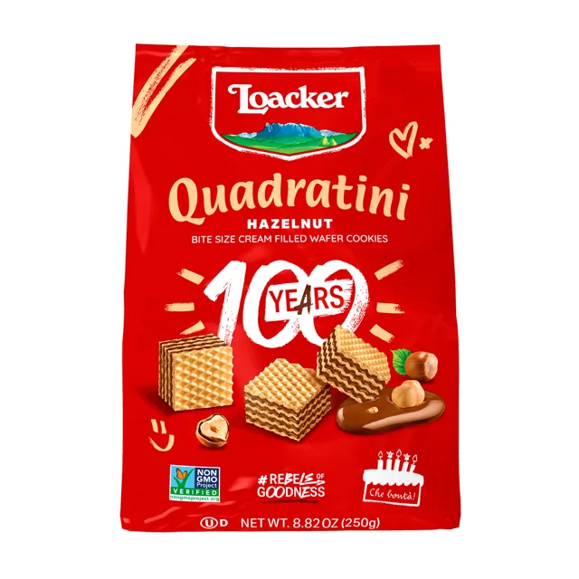 Loacker Quadratini Hazelnut, Creme-Filled Wafer Cookies, 8.82 oz. Bag packaging