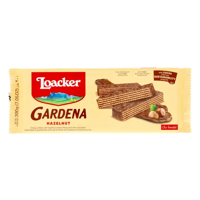 Loacker Gardena Hazelnut, Chocolate-Enrobed Wafer Cookies, 7.05 oz. Bag packaging
