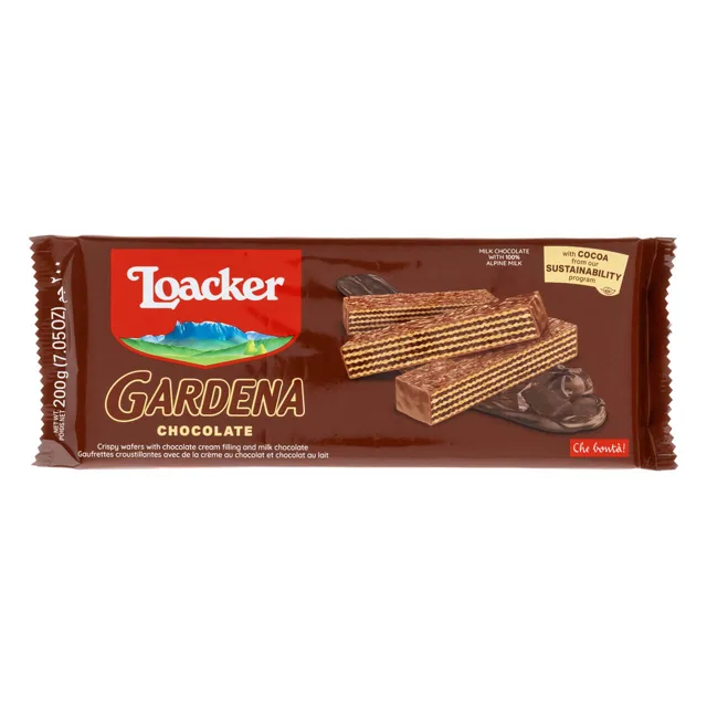 Loacker Gardena Chocolate, Chocolate-Enrobed Wafer Cookies, 7.05 oz. Bag packaging