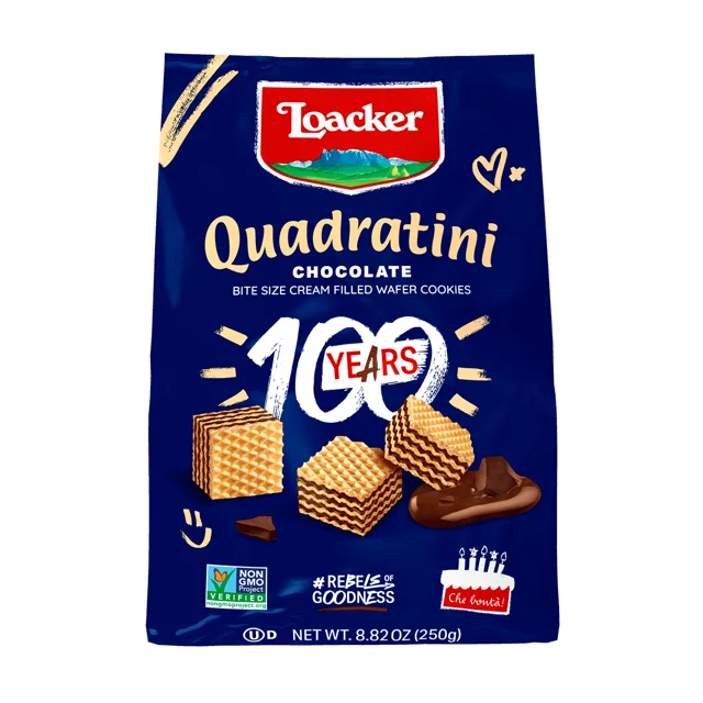 Loacker Quadratini Chocolate, Creme-Filled Wafer Cookies, 8.82 oz. Bag packaging