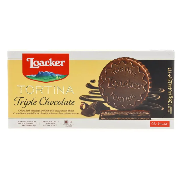 Loacker Tortina Triple Chocolate, chocolate wafer Specialty, 4.44 oz. Box packaging
