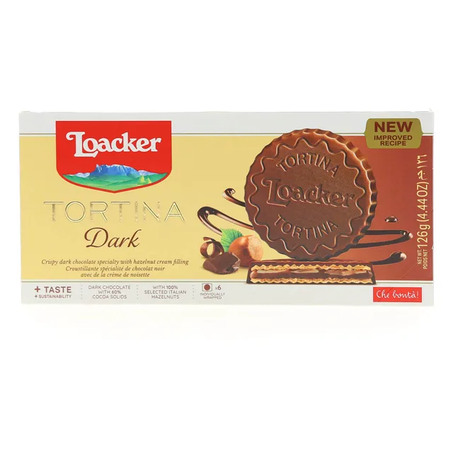 Loacker Tortina Dark, Chocolate Coated Wafer Specialty, 4.44 oz. Box packaging
