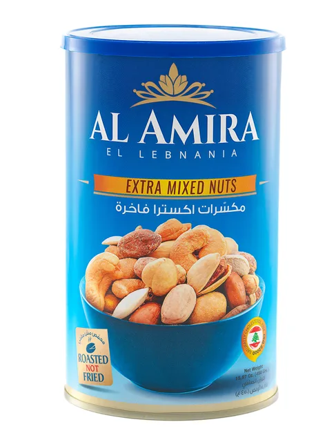 Al Amira Extra Mix Blue Can Sea Salt Roasted Nuts 450g packaging